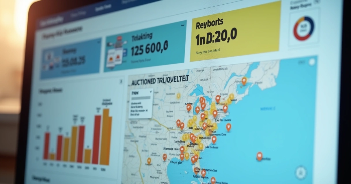 Dashboard de imóveis de leilão com gráficos coloridos e filtros interativos 