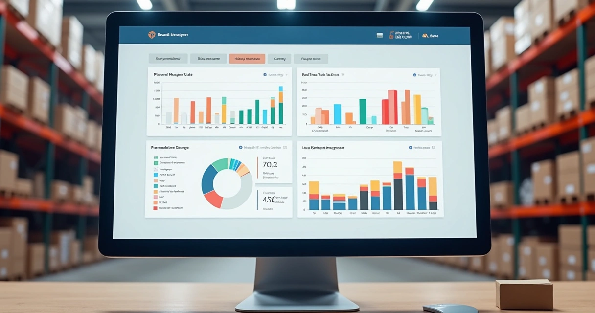 Tela de dashboard WMS integrado mostrando dados de estoque e gráficos.