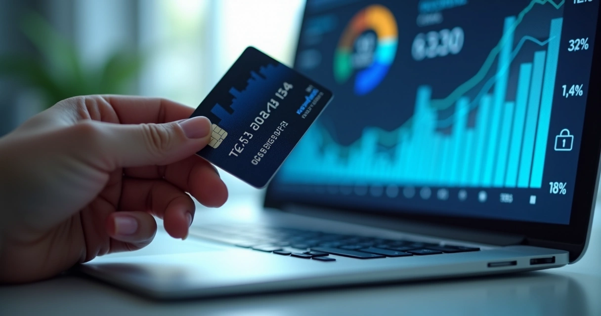 Pessoa com cartão de crédito digitalizando na frente de uma tela com números em destaque 