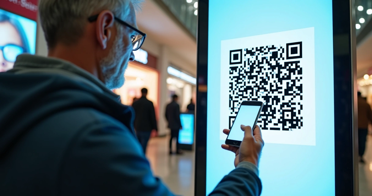 Pessoa usando smartphone para escanear QR Code em display digital moderno