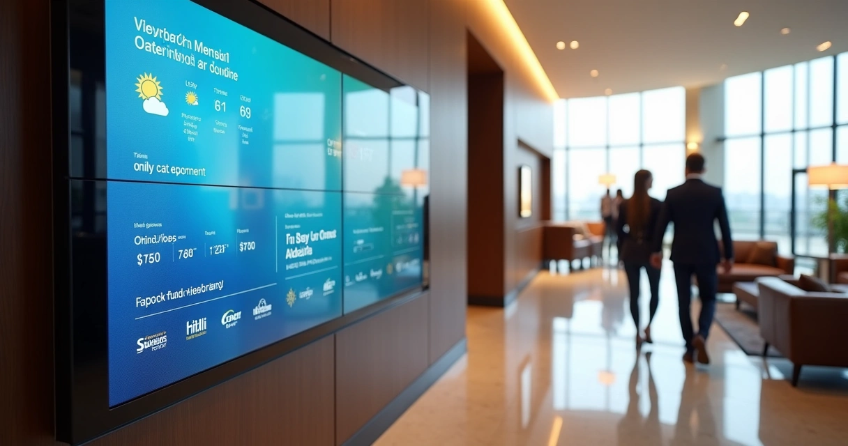 Tela digital exibindo informações no lobby de hotel 