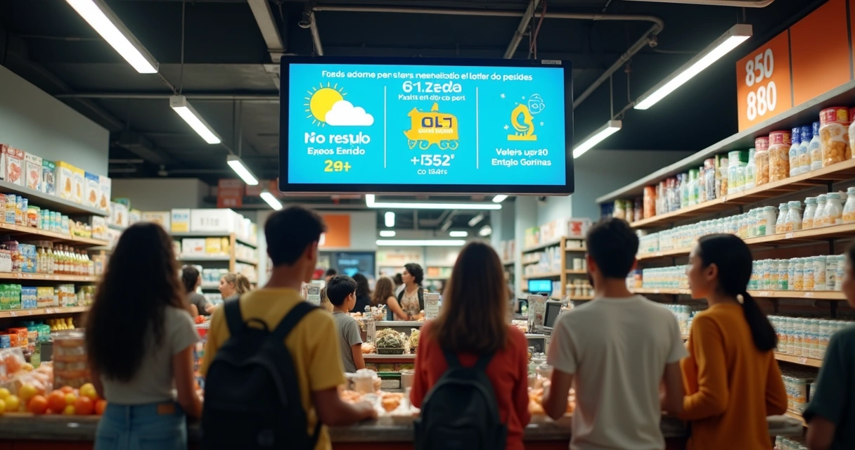 Tela digital em mercado com ofertas e informações locais 