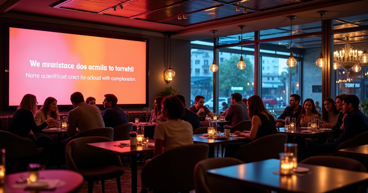 Tela digital com anúncio em restaurante com clientes sentados 