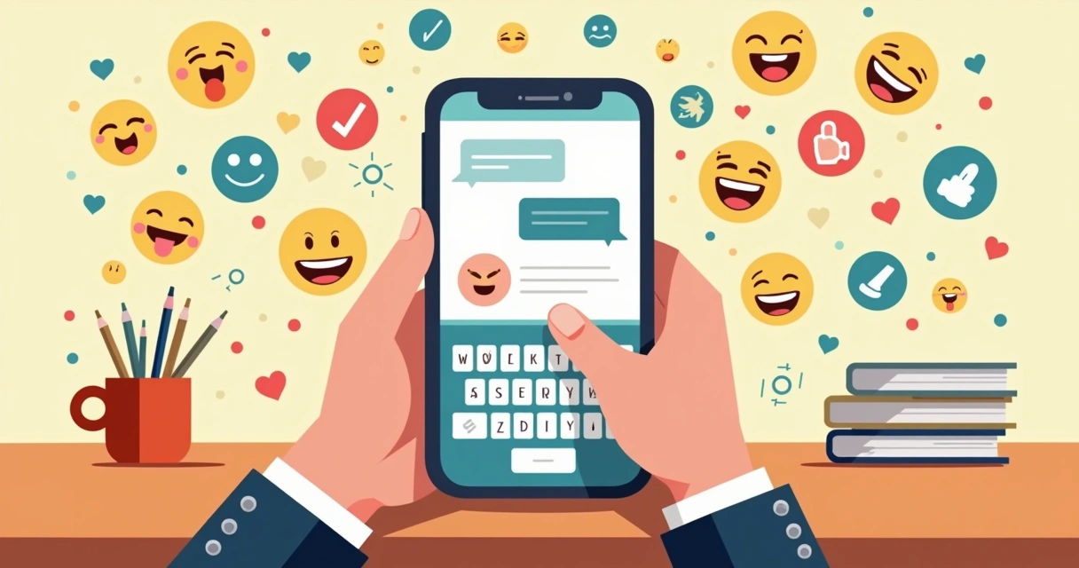 Smartphone exibindo conversa com emojis variados