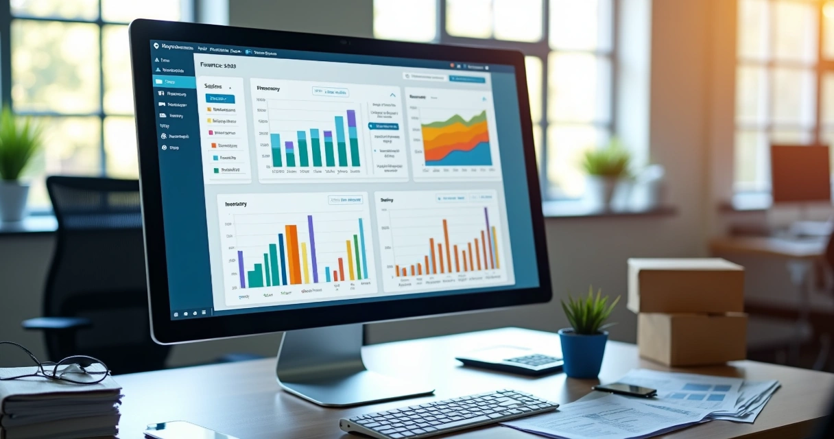 Tela de ERP mostrando integração dos setores financeiro, vendas e estoque