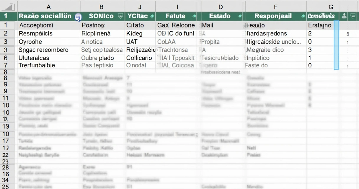 Planilha Excel com colunas de cadastro de clientes B2B, campos de razão social, CNPJ, segmento e localidade 