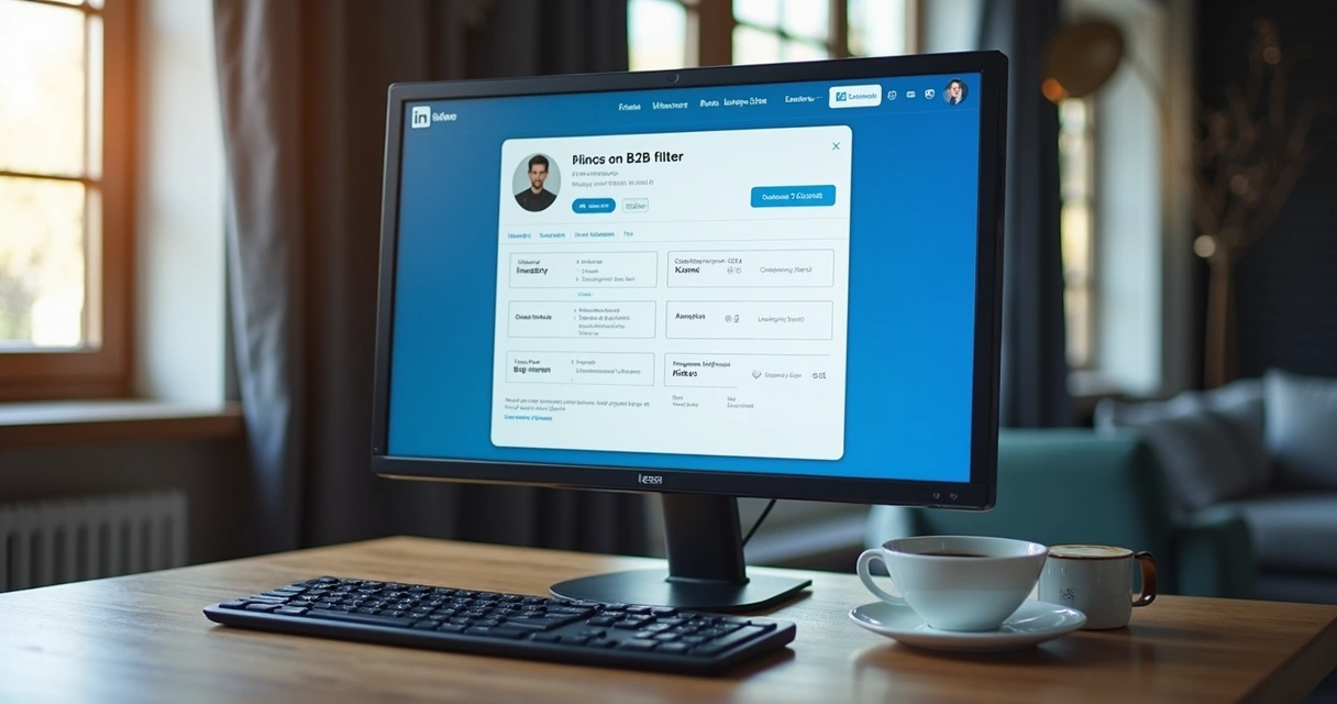 Tela de plataforma mostrando filtros avançados para leads B2B no LinkedIn. 