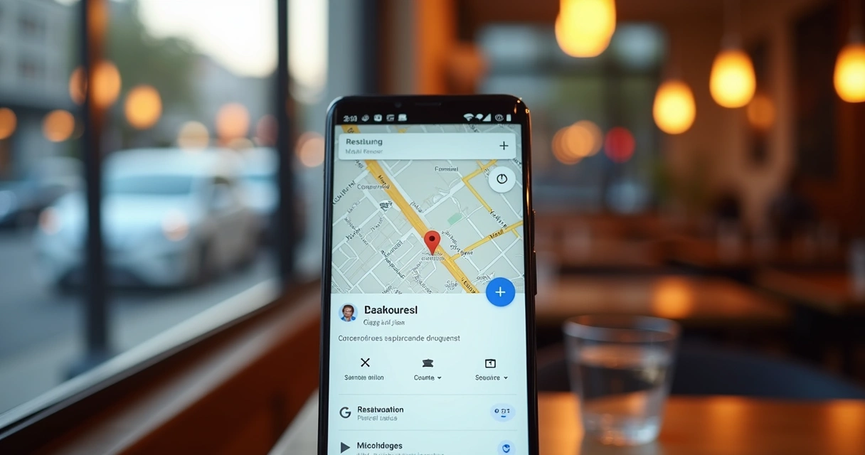 Celular mostrando tela de reserva em restaurante pelo Google Maps 