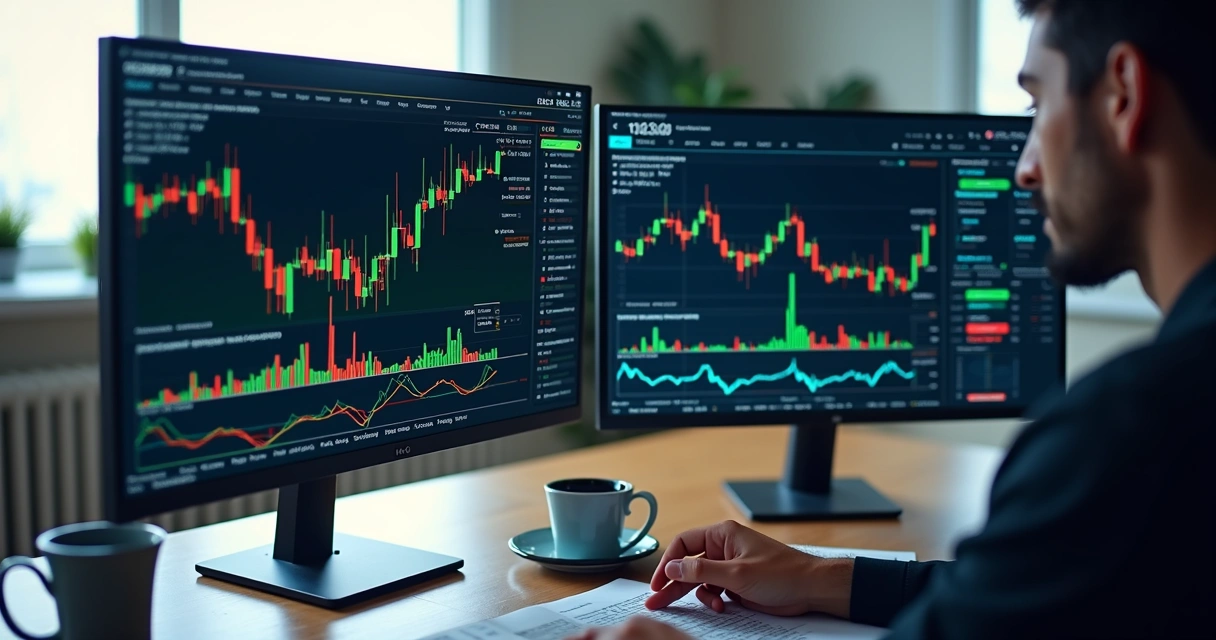 Tela de home broker com gráficos e operações abertas 