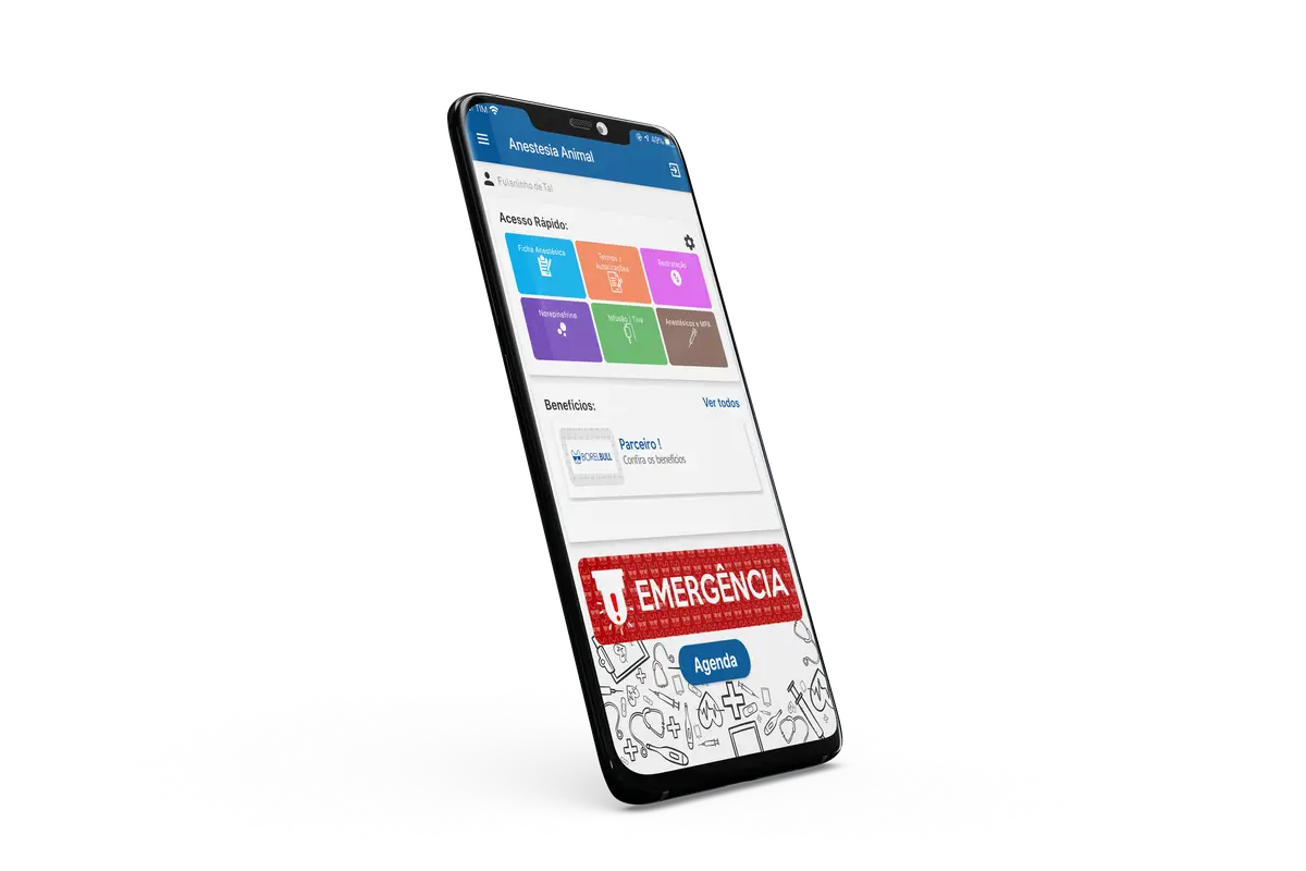 Tela inicial do aplicativo Anestesia Animal em um smartphone exibindo várias opções coloridas de acesso rápido e botão de emergência