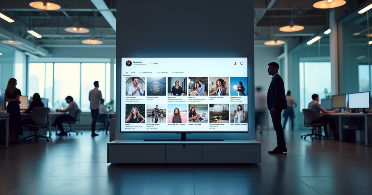 Painel mostrando posts do Instagram exibidos em tela de TV corporativa 