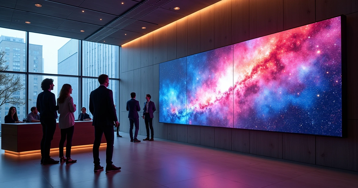 Painel de LED instalado em área interna iluminada. 