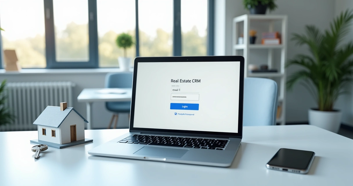 Corretor acessando tela de login de plataforma imobiliária em notebook 