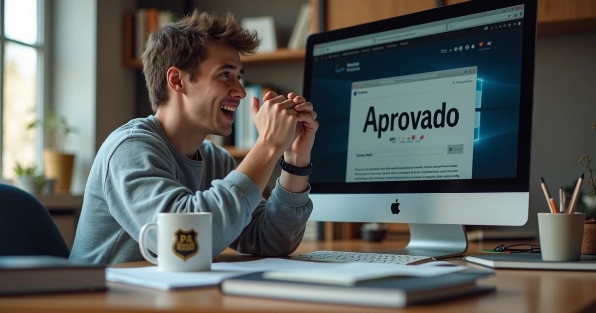 Estudante feliz usando computador após aprovação em concurso policial