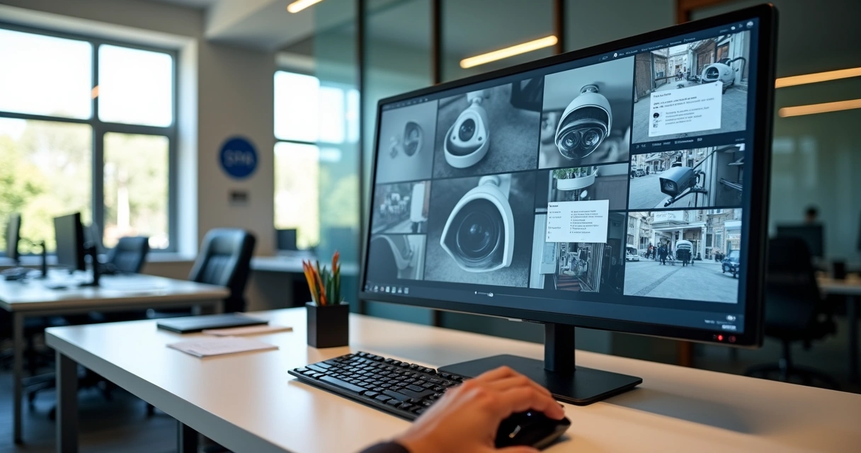 Monitoramento remoto de câmeras Intelbras exibido em tela de computador na recepção de empresa 
