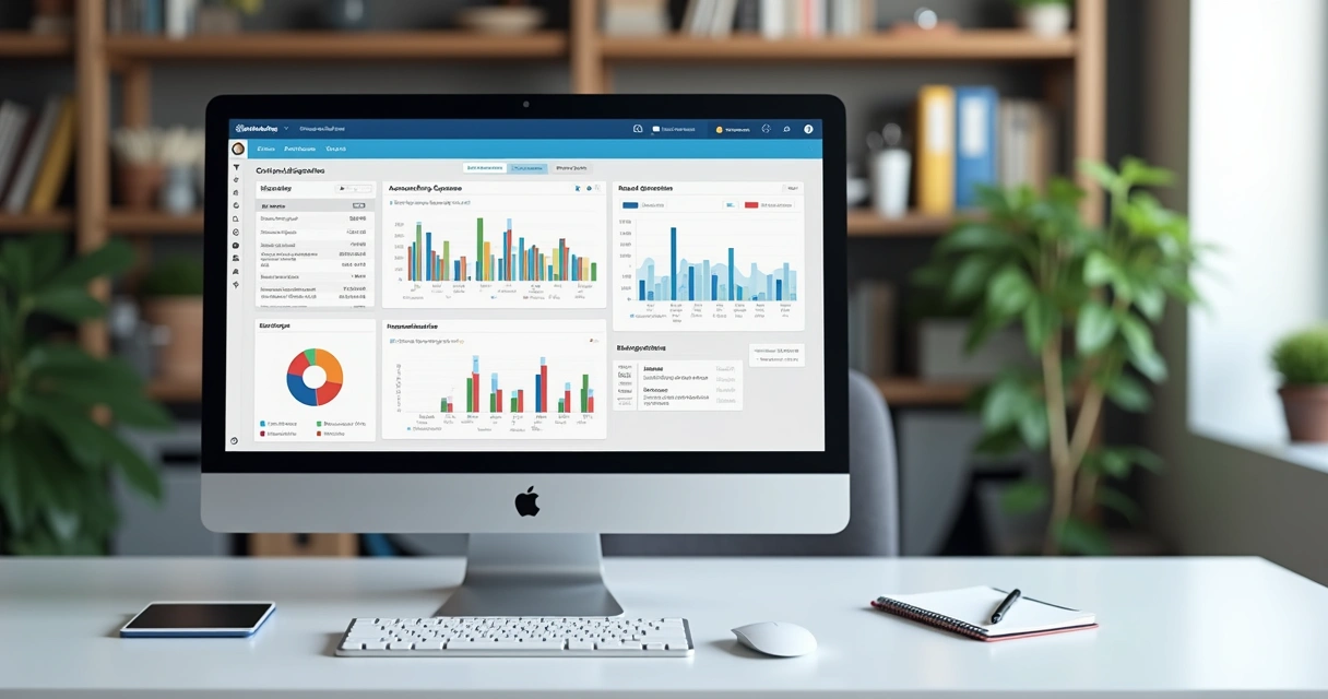 Monitor exibindo dashboard de sistemas contábeis integrados 