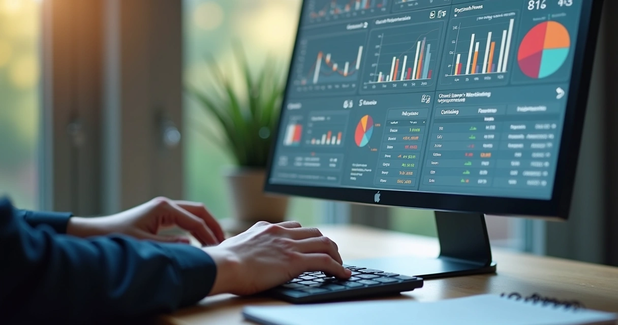 Tela de computador com dashboards de dados e gráficos para controle empresarial 