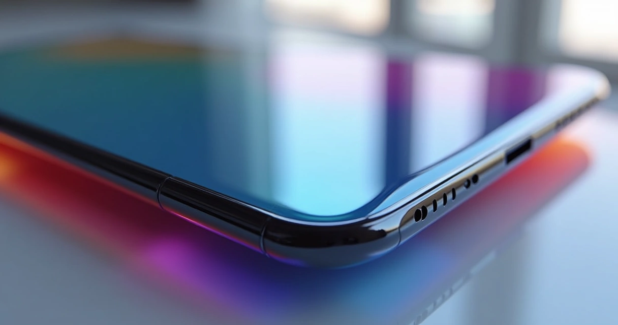 Smartphone moderno com tela OLED de bordas finas em destaque