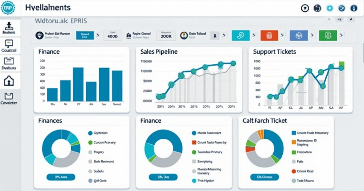 Tela de ERP exibindo painel financeiro, vendas e suporte ao cliente em uma só interface 