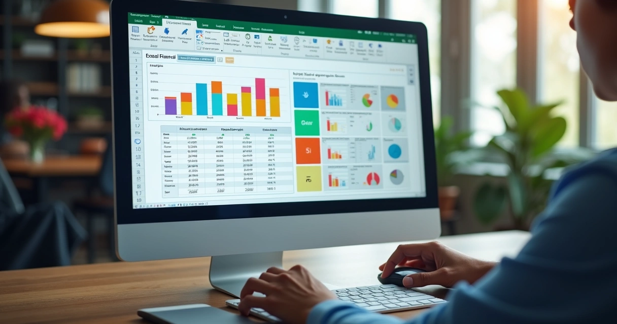 Interface de uma planilha pronta de organização financeira, com gráficos e tabelas coloridas 