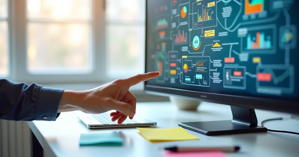 Interface visual de plataforma de automação IA com ícones e fluxos conectados 