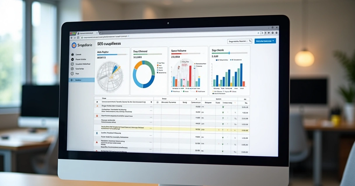 Interface de plataforma SEO com volume, dificuldade e sugestões de palavras-chave 