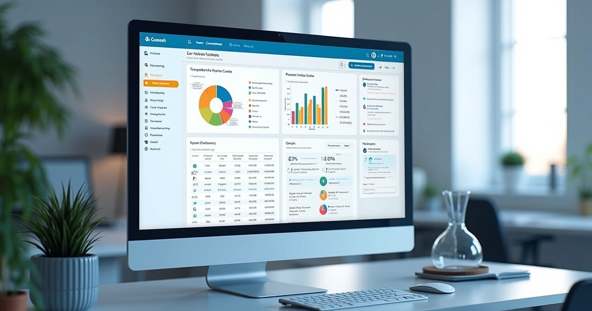 Tela de plataforma de gestão de imóveis, com gráficos, contratos digitais e lista de imóveis.
