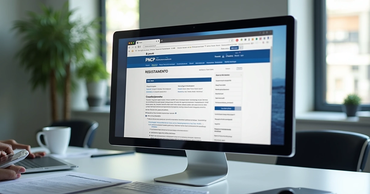 Tela de computador mostrando portal nacional de contratações públicas e edital de credenciamento 