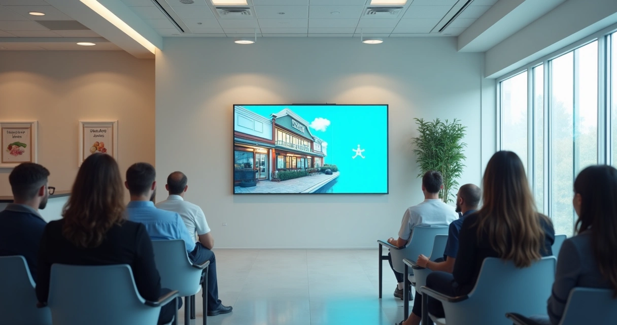 Tela digital em sala de espera com anúncio e pessoas sentadas