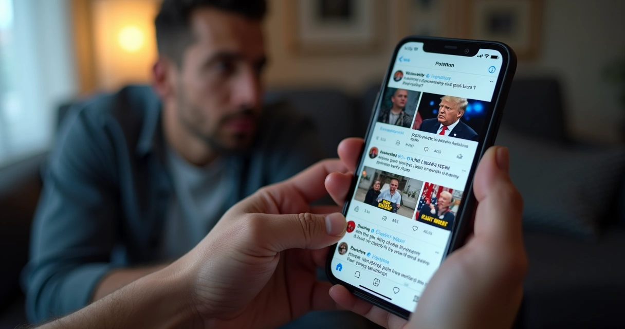 Mão segurando celular com conteúdos políticos e reações visuais intensas