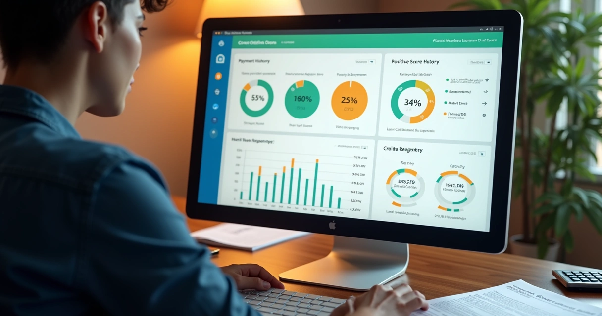 Pessoa analisando score de crédito em computador com gráficos coloridos na tela 