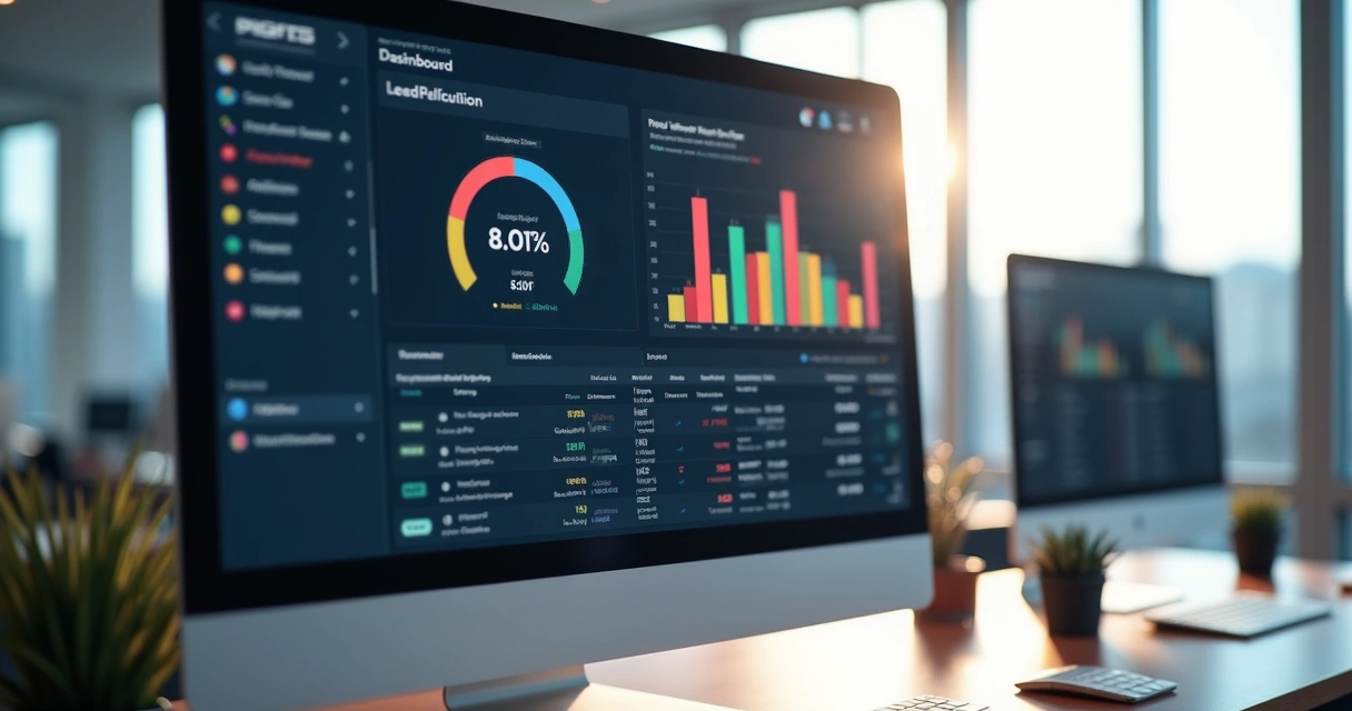 Tela de computador exibindo score de confiabilidade de leads 