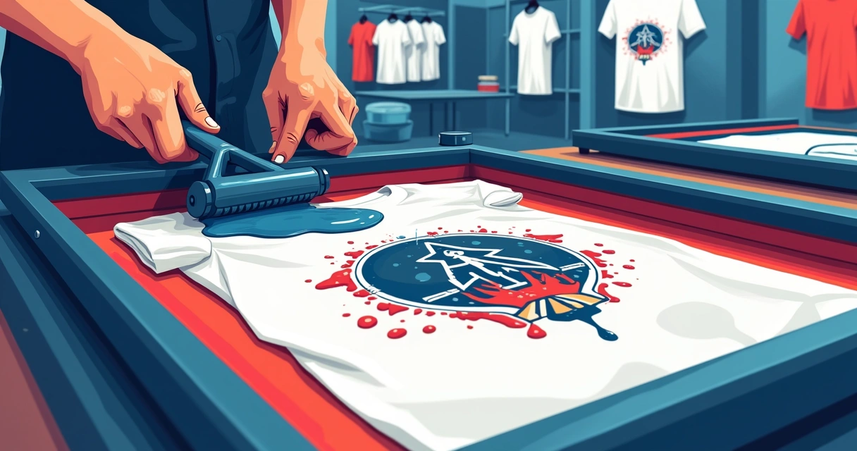 Tela de silk screen posicionada sobre camiseta branca pronta para receber tinta colorida