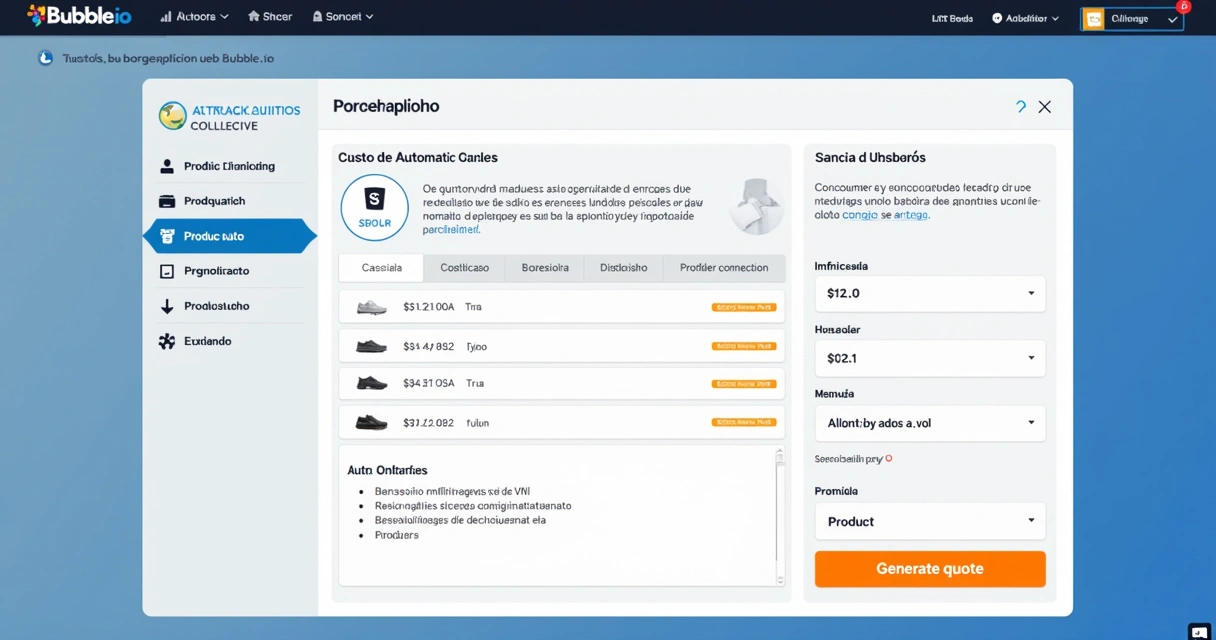 Exemplo de tela de sistema de cotação criado no Bubble 