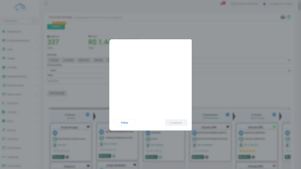 Tela de sistema com janela de diálogo central vazia e botões Voltar e Continuar desativados