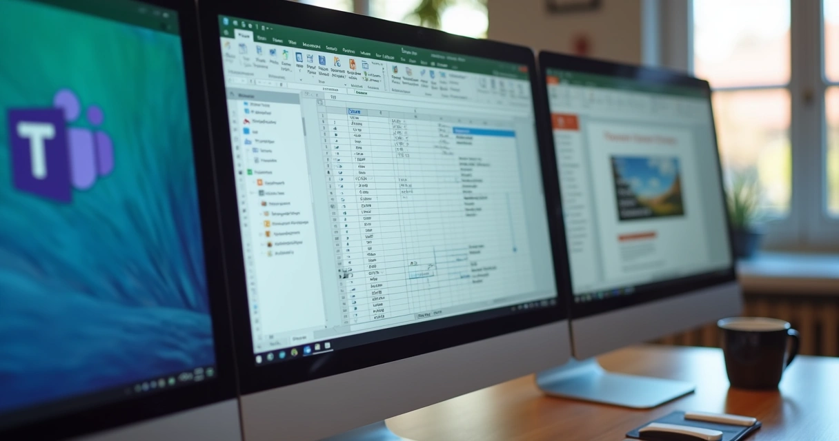 Tela de computador com Microsoft Teams aberto ao lado de uma planilha Excel e slide PowerPoint. 