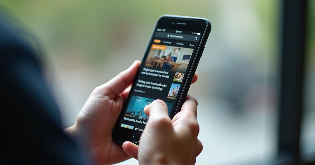 Pessoa usando notícias no celular com conteúdo destacado na parte superior 