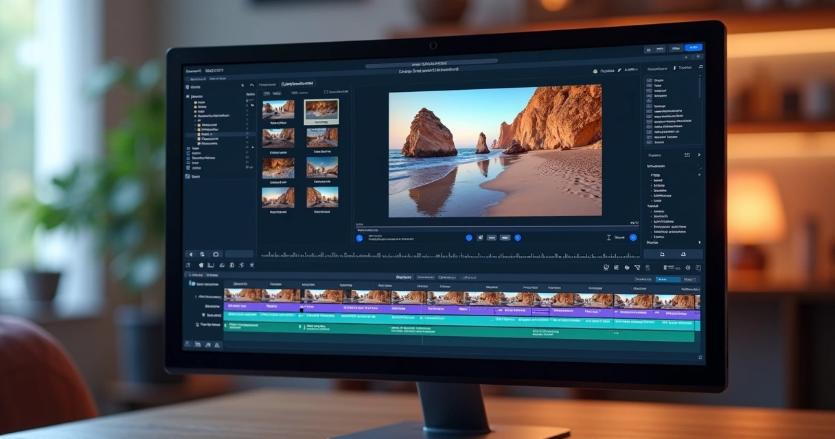 Editor de vídeo com IA mostrando cortes, legendas e formatos. 