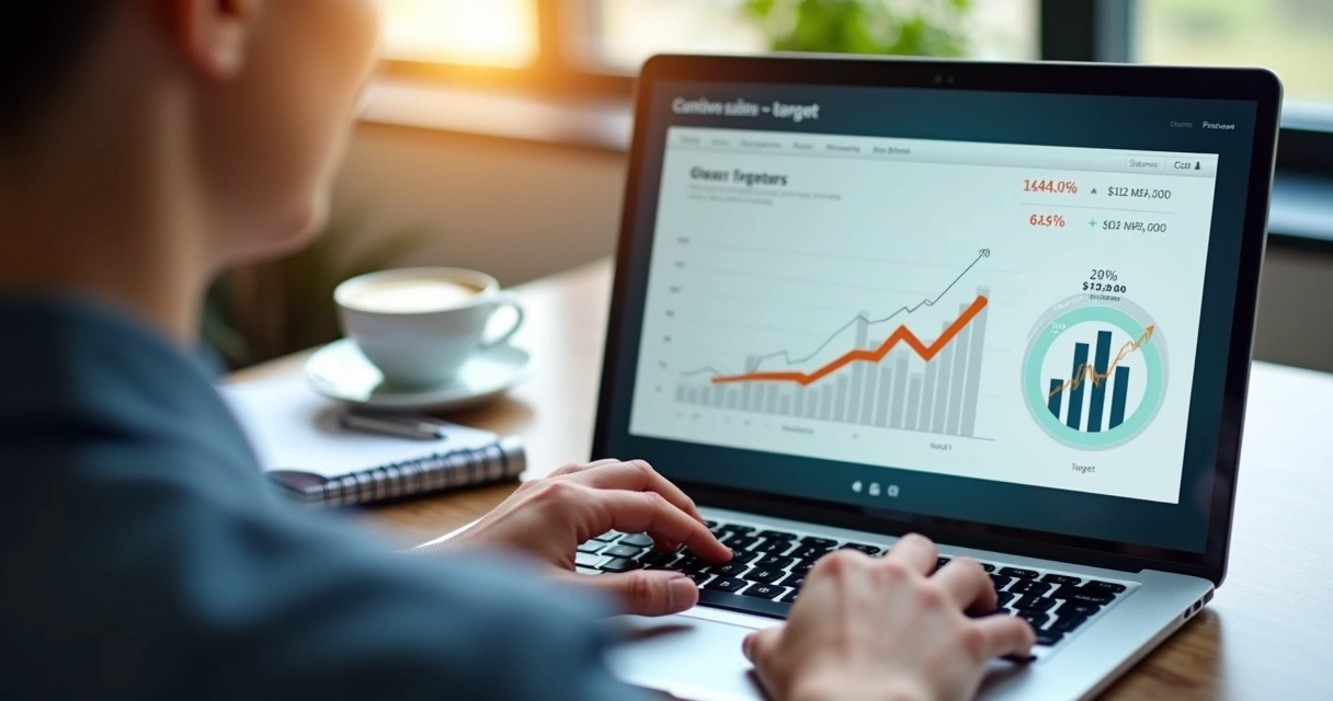 Tela de computador mostrando gráfico de vendas e metas 