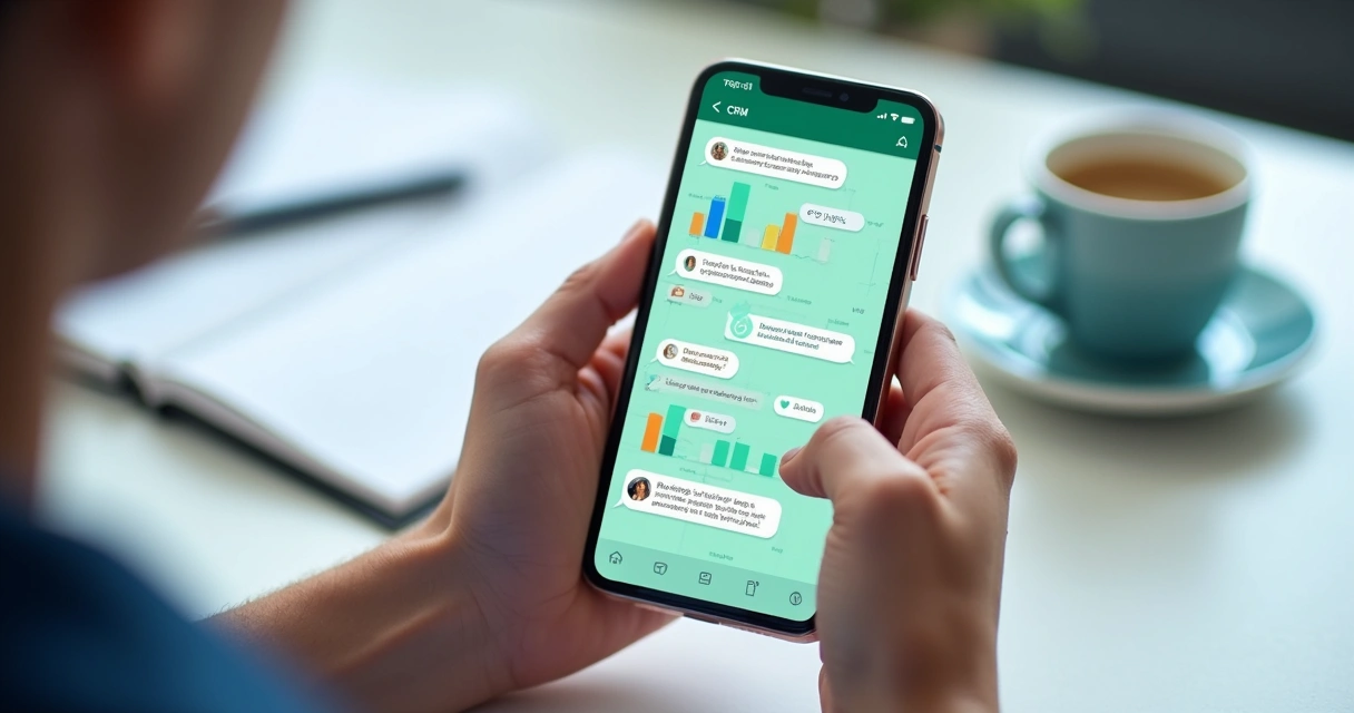 Tela de CRM no celular com conversa do WhatsApp aberta 