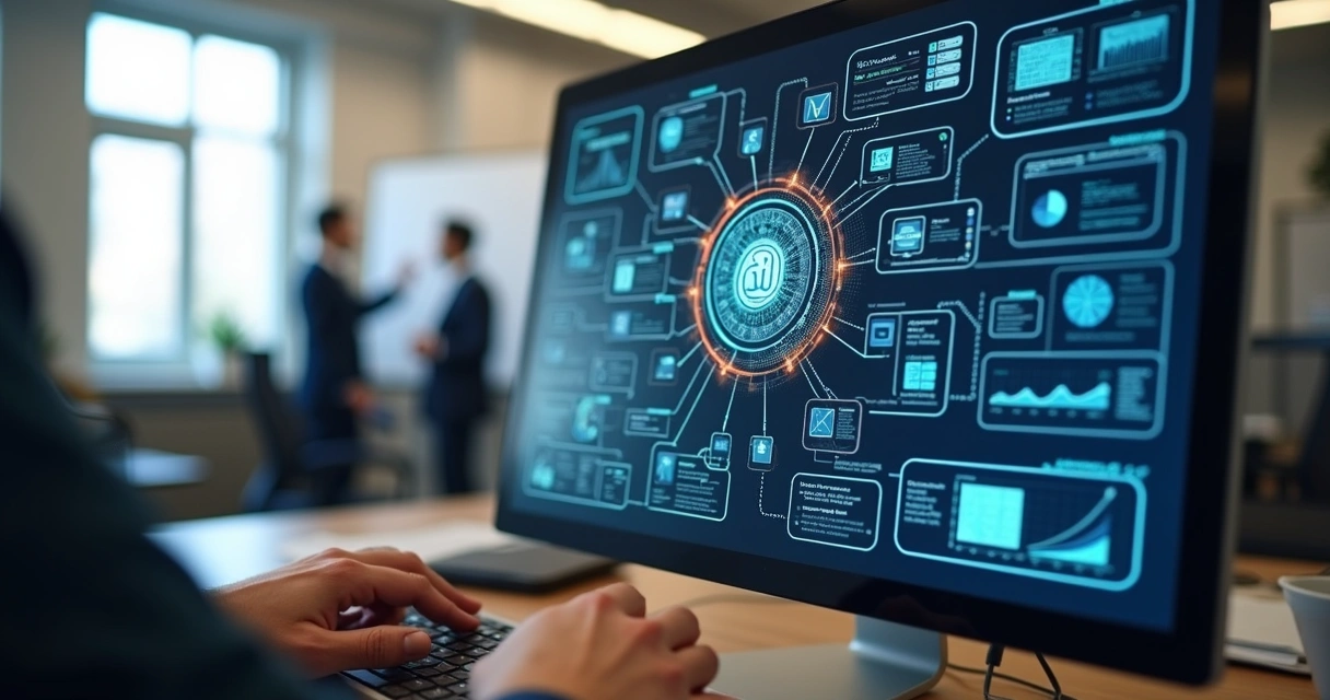 Wireframe digital em tela mostrando automação por IA 