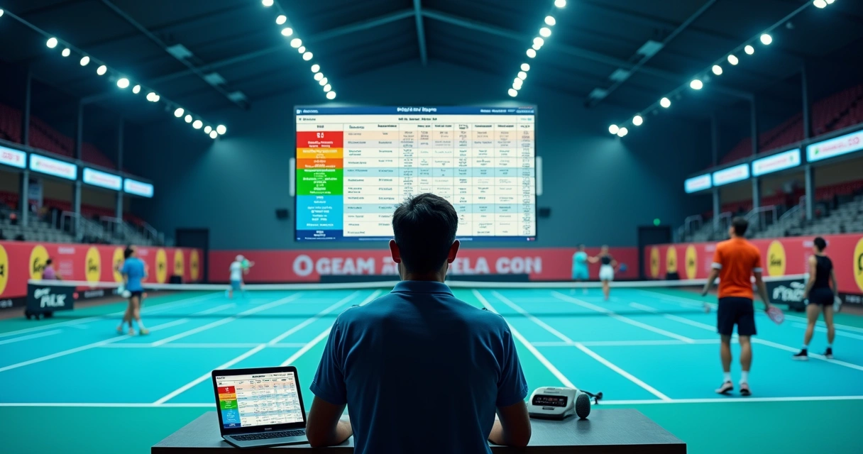 Organizador conferindo telão com programação de jogos de esportes de raquete sem atrasos 