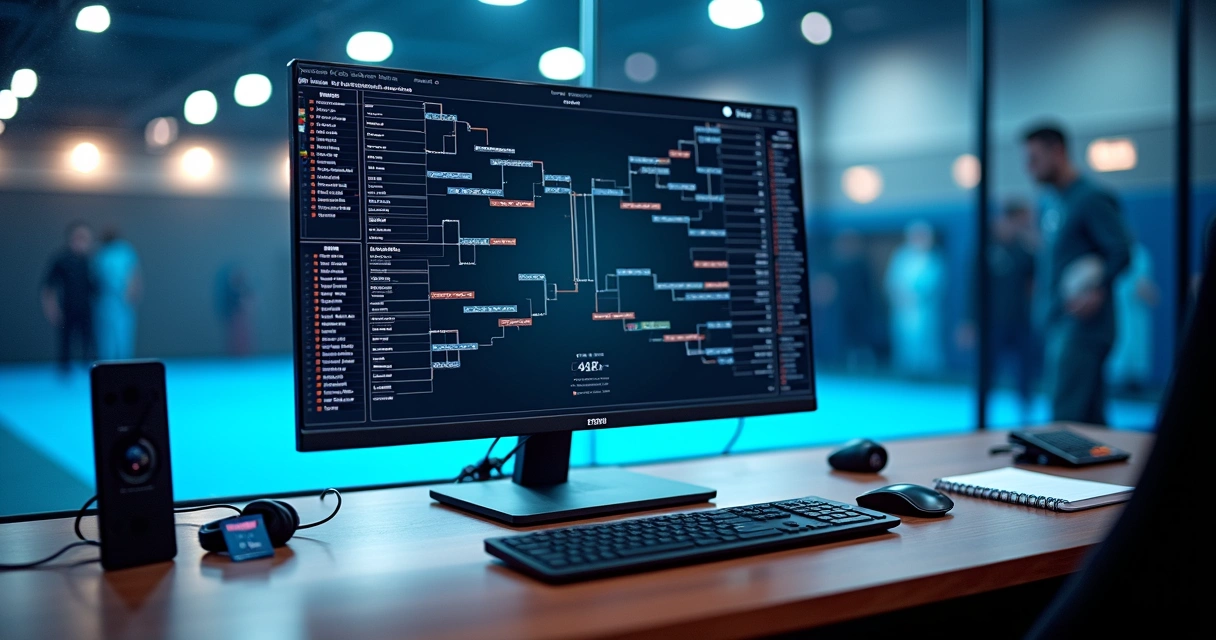 Tela de computador exibindo chaves de campeonato de Jiu-Jitsu organizadas automaticamente 