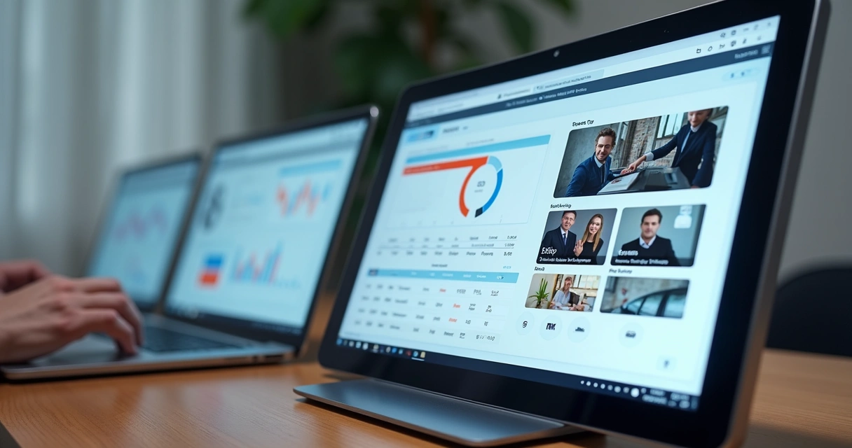 Telas de CRM, ERP e propostas digitais em tablets e computadores 
