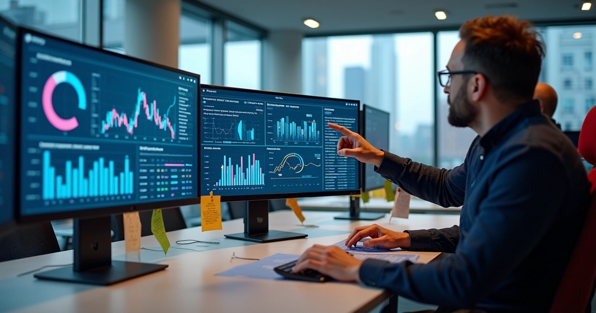 Vários monitores com dashboards de negócios interativos exibindo gráficos e tabelas em um escritório moderno 