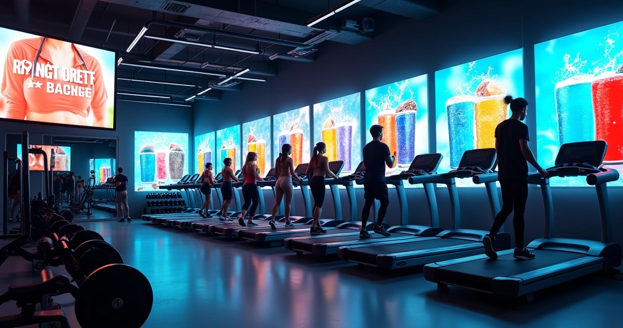 Telas digitais exibindo anúncios em academia moderna 