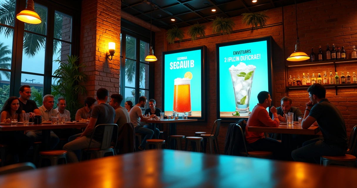 Telas digitais exibindo anúncios em bar moderno em Manaus 