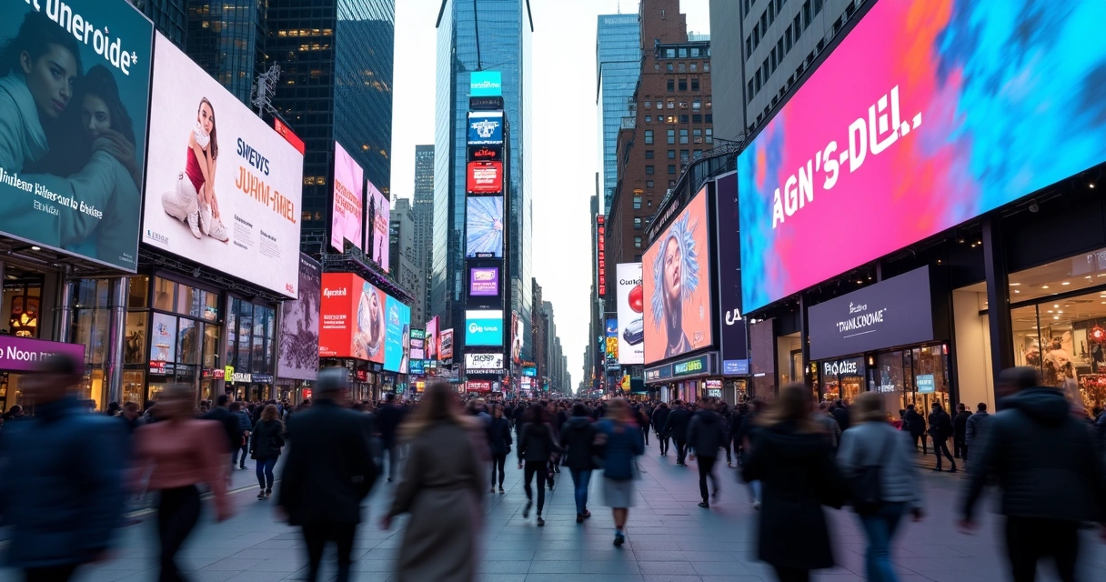 Telas digitais exibindo anúncios coloridos em ponto de grande circulação com pessoas caminhando ao redor