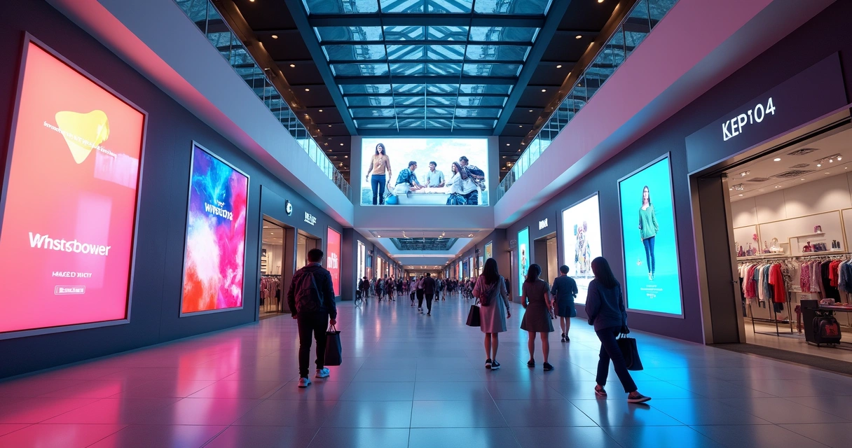 Telas digitais em shoppings exibindo anúncios de diversas marcas