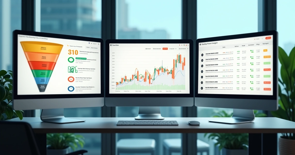 Telas digitais lado a lado exibindo funil de vendas, relatórios financeiros e lista de metas atingidas 